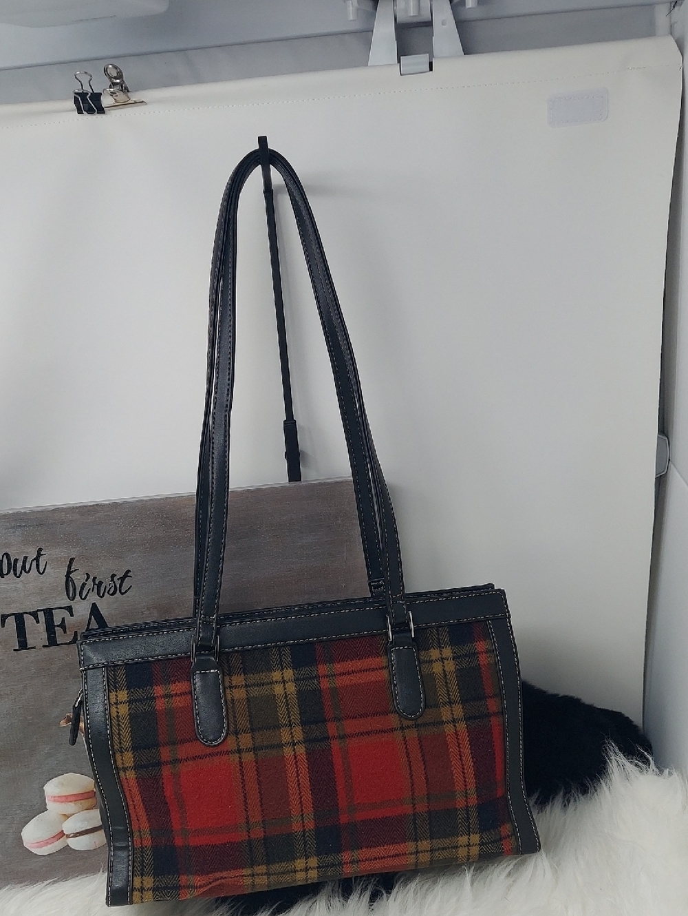 Preston & York Red and Olive Plaid Shoulder Tote with Black Trim